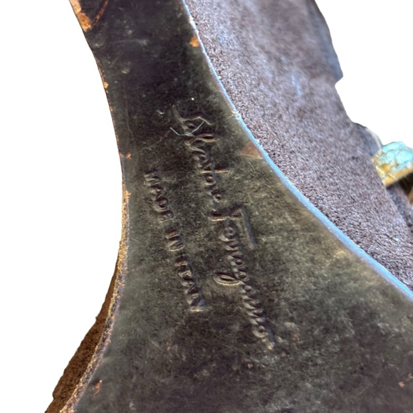 Salvatore Ferragamo Gold & Brown Suede Wedge Sandals - Picture 10 of 10